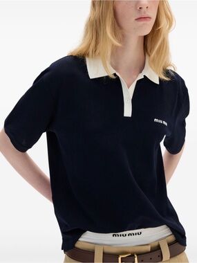 Miu Miu Navy Cotton Piqué Polo Shirt White Collar Sz M Style MJN559 Authentic